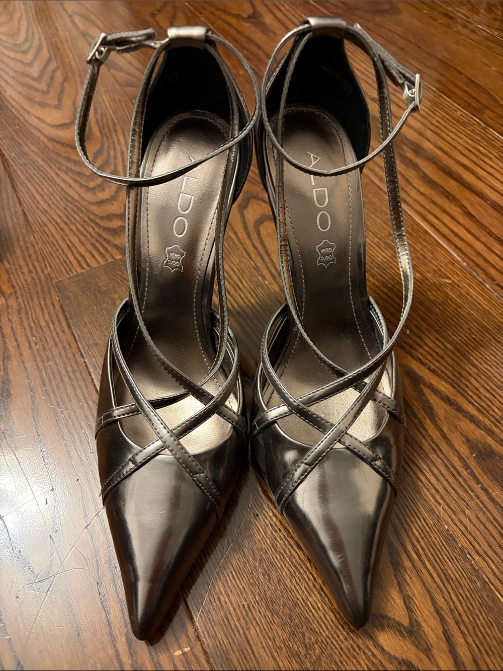 ALDO Leather Pewter Pointed-Toe Strappy Ankle-Heels